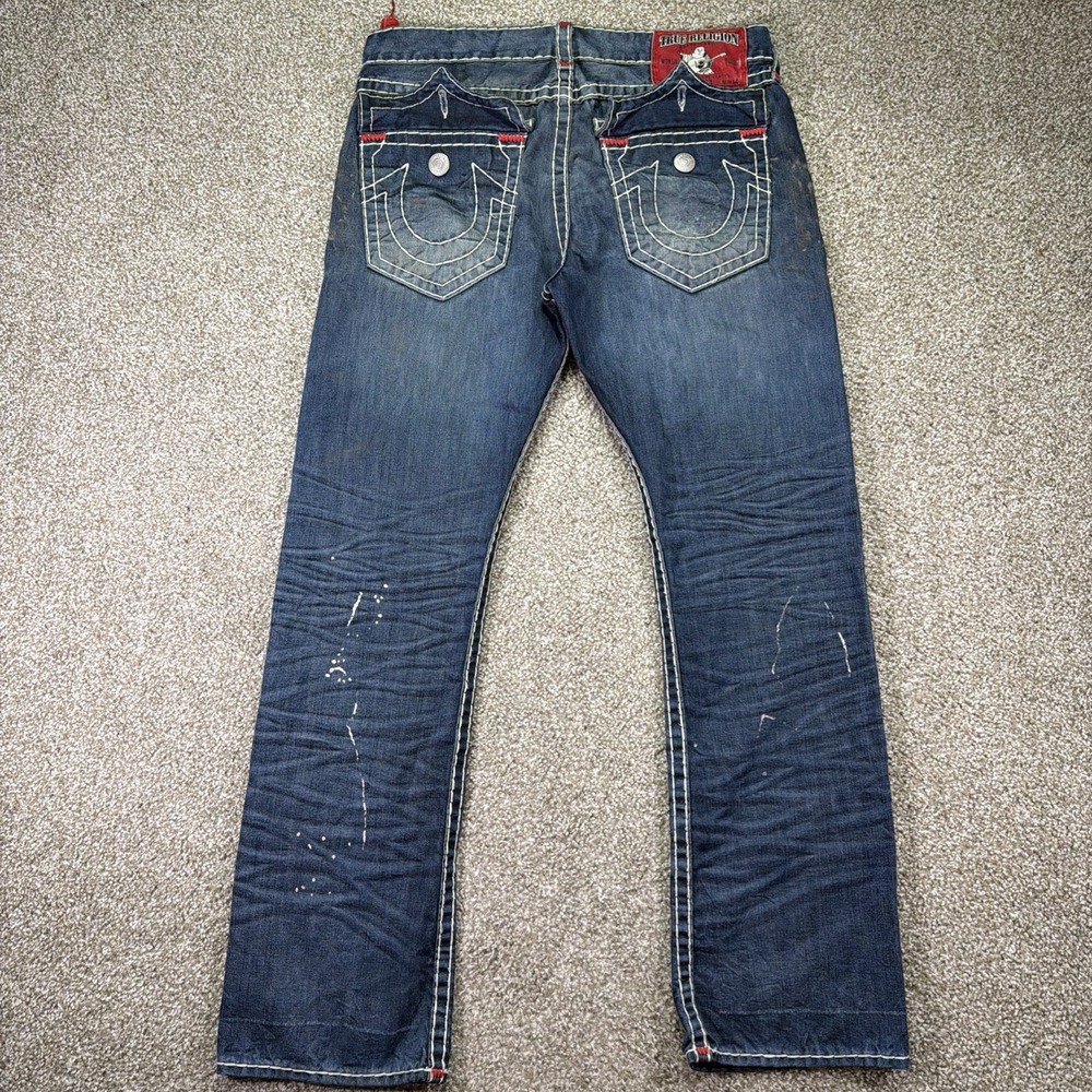 Y2K True Religion Ricky Super T Red Bar Flap Pocket Paint Splatter USA 40X34